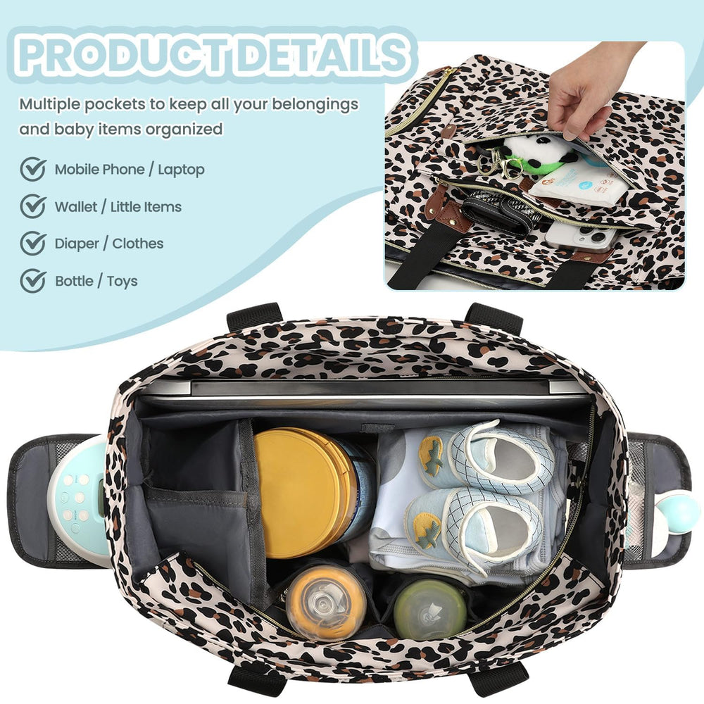 Pritent Diaper Bag Tote leopard stroller clips, convenient hands-free transport