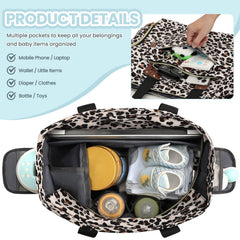 Pritent Diaper Bag Tote leopard stroller clips, convenient hands-free transport