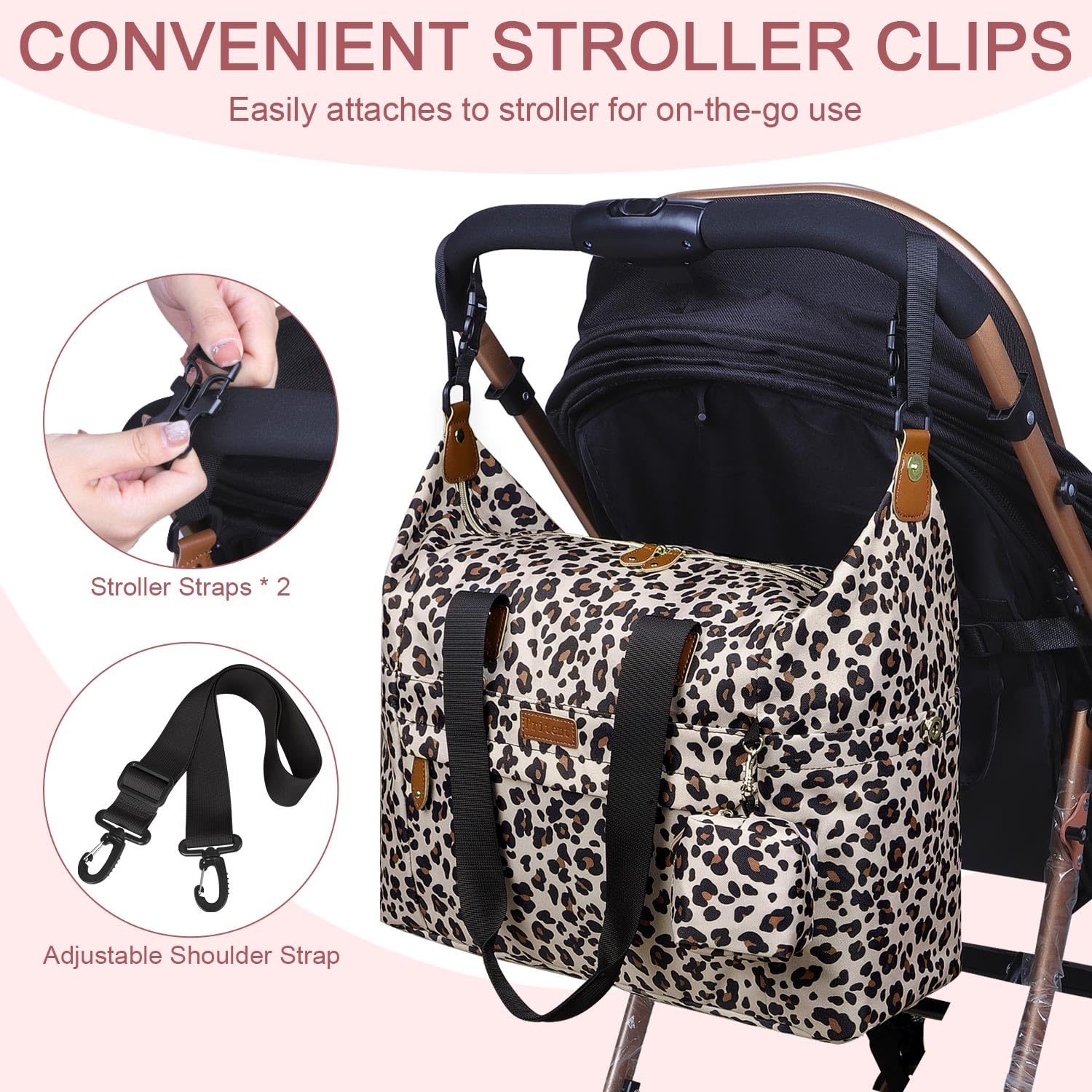 Pritent diaper bag tote leopard waterproof fabric protects contents in daily use