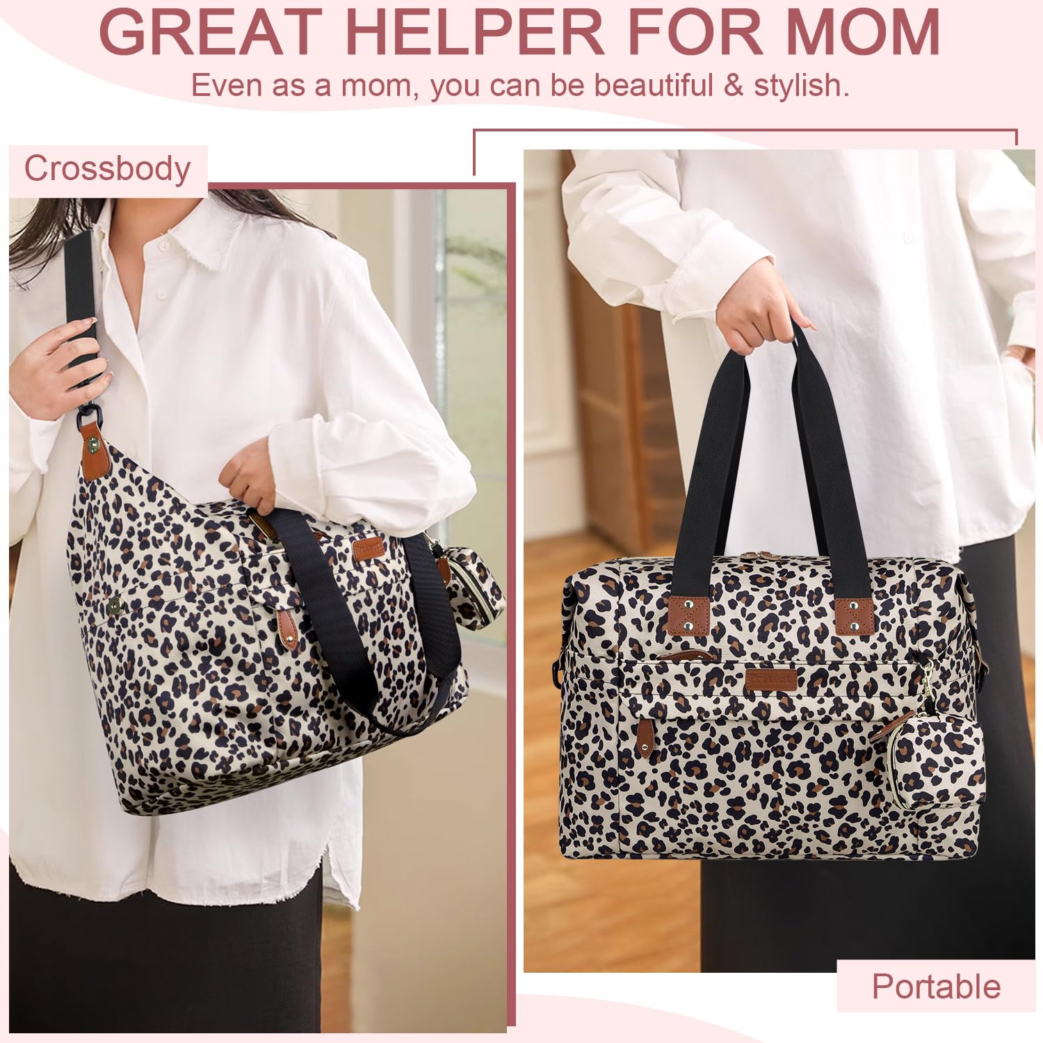 Pritent diaper bag tote leopard wide opening enables quick item retrieval