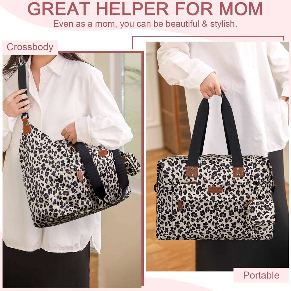 Pritent diaper bag tote leopard wide opening enables quick item retrieval