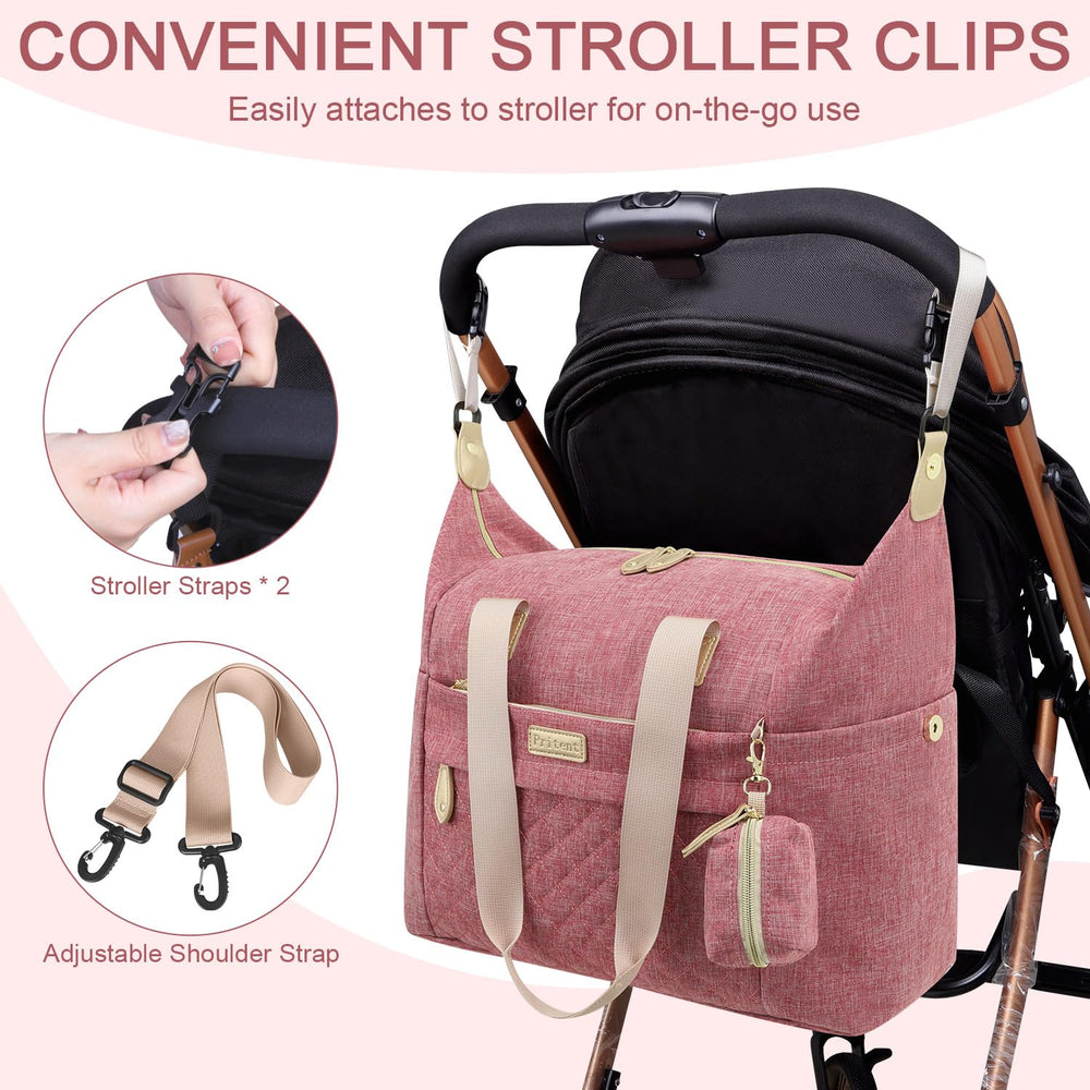 Pritent diaper bag tote multiple pockets simplify packing and retrieval.