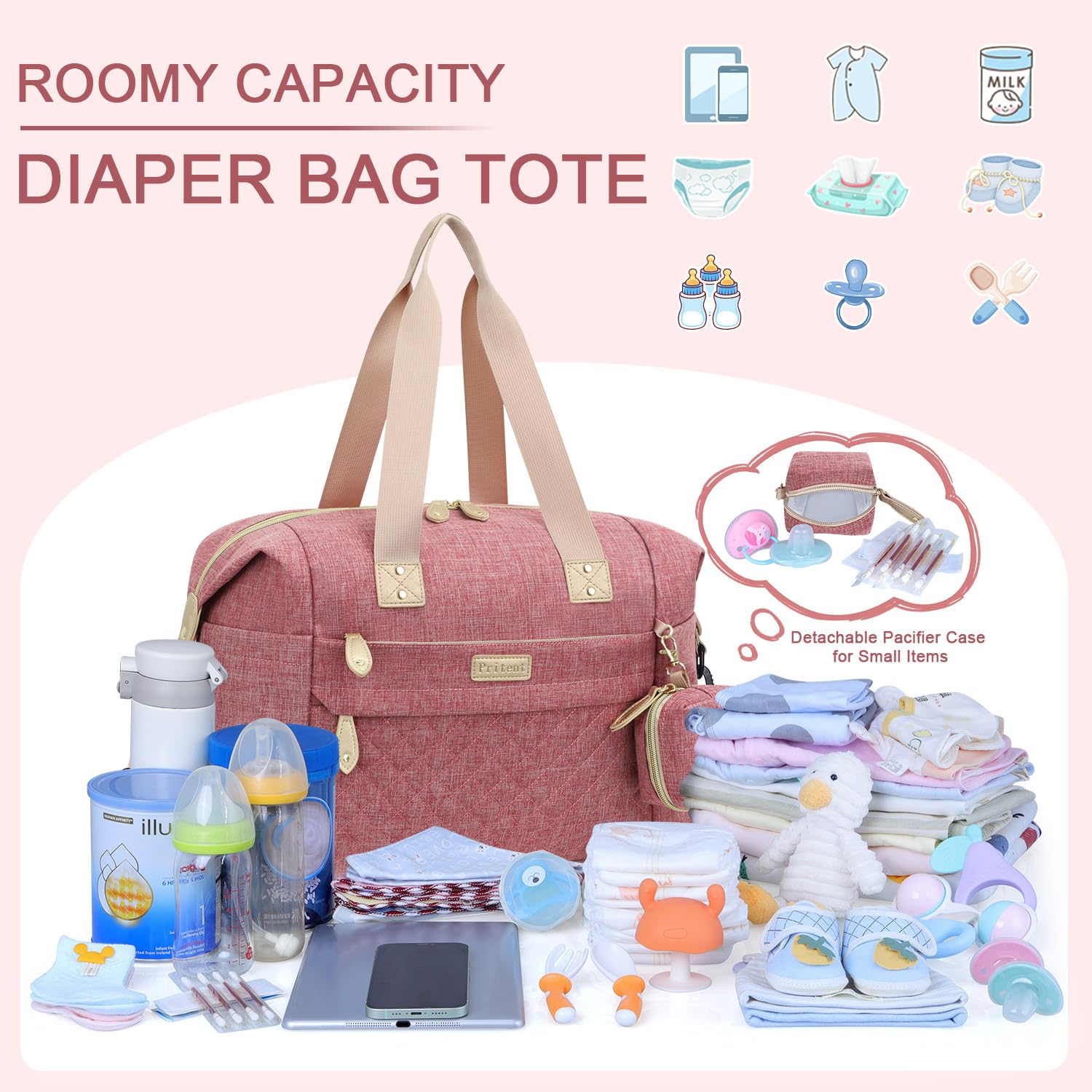 Pritent diaper bag tote pacifier case keeps baby items organized for parents.