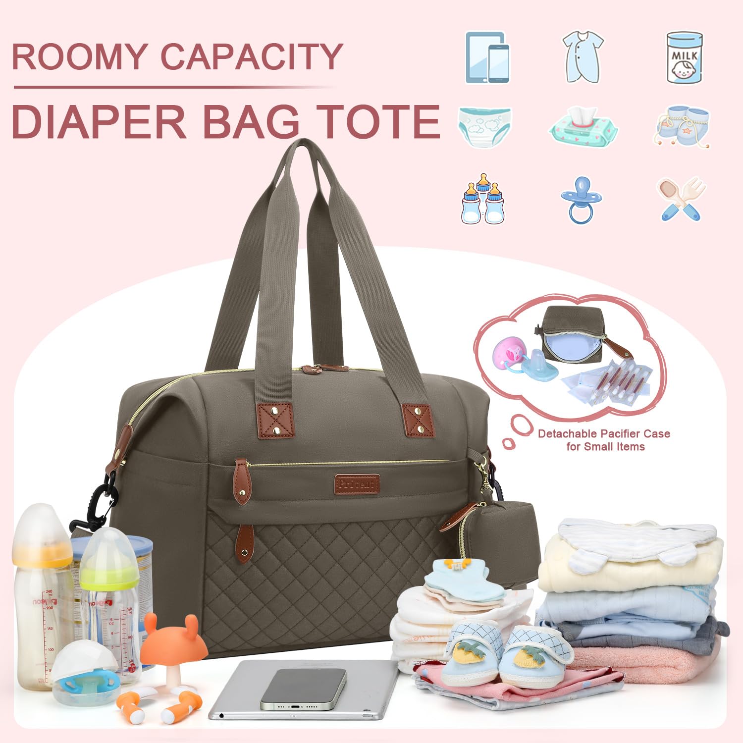 Pritent diaper bag tote with pacifier case keeps small items organized.