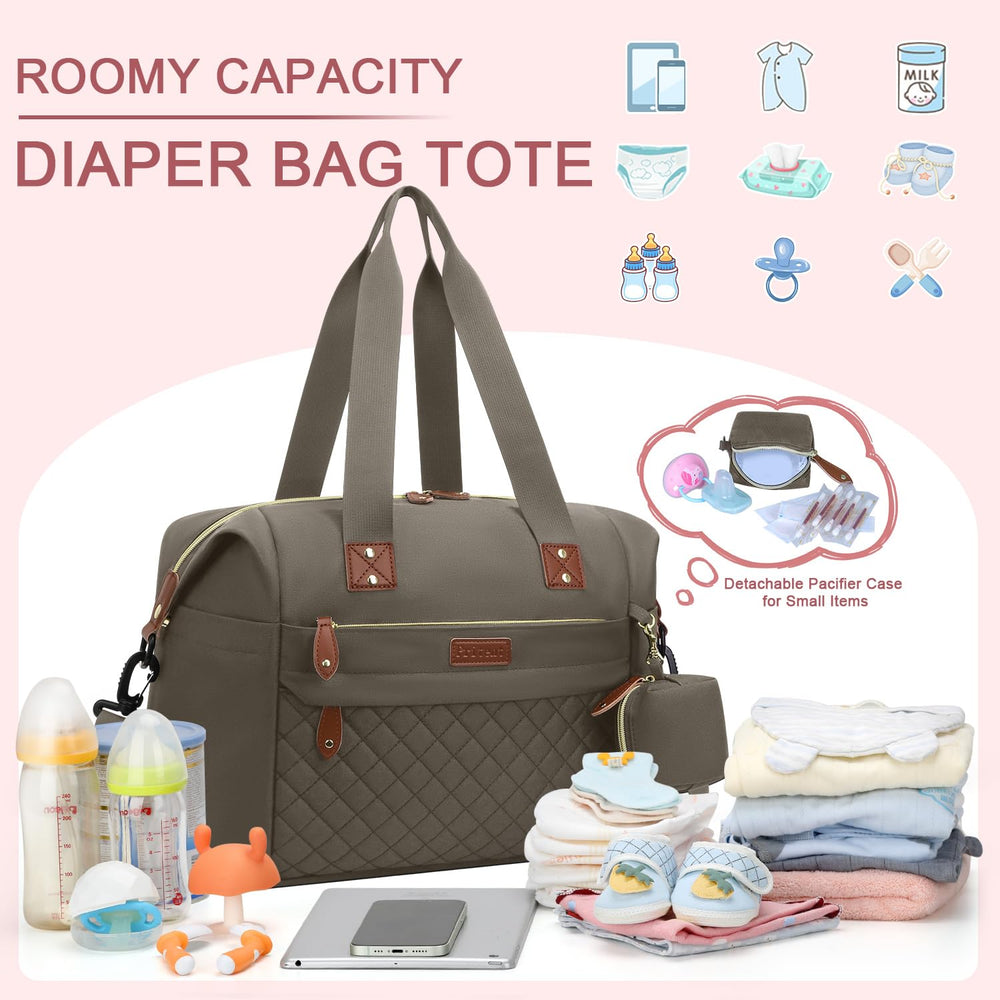 Pritent diaper bag tote with pacifier case keeps small items organized.