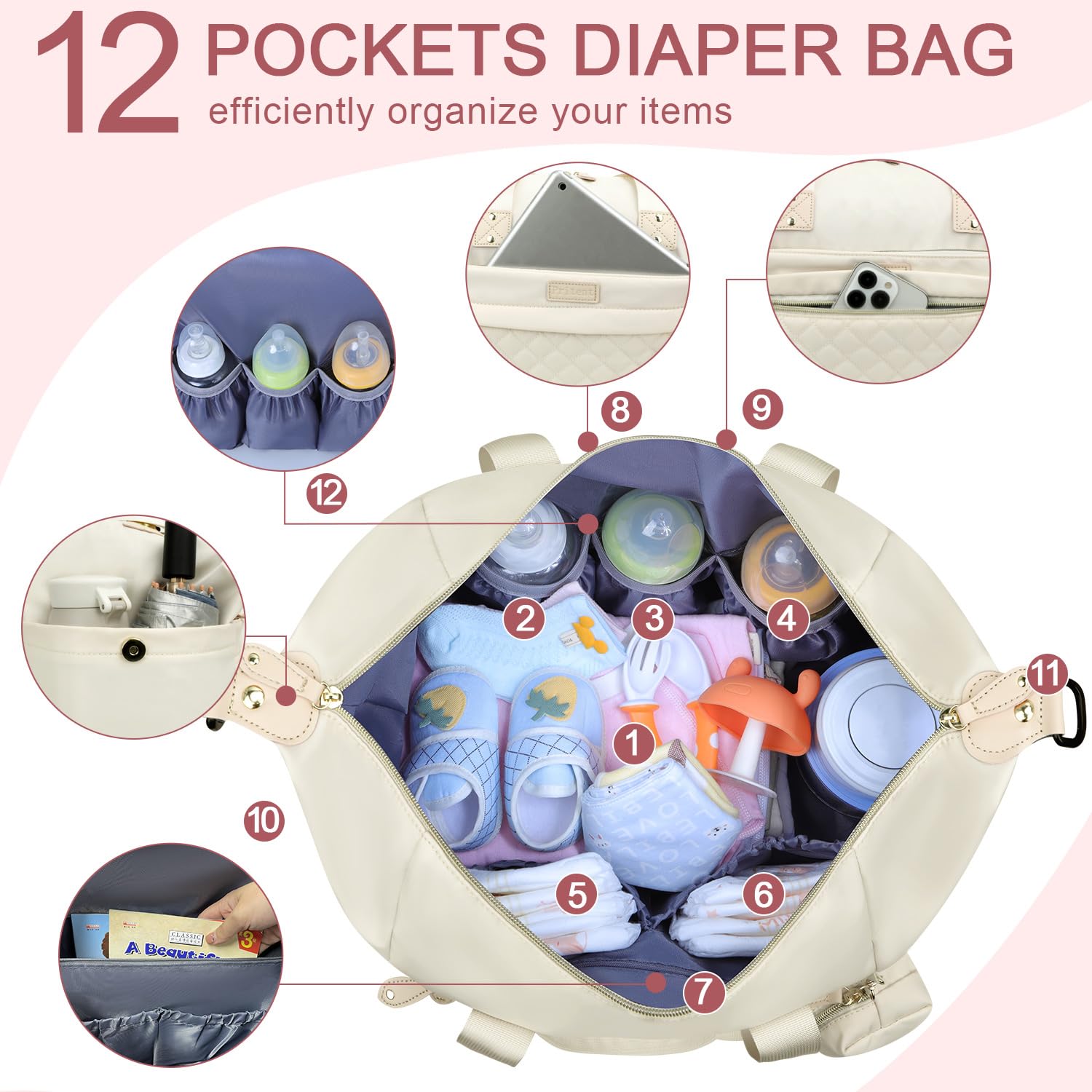 Pritent diaper bag tote with pacifier case keeps essentials organized and ready for care when out and travel