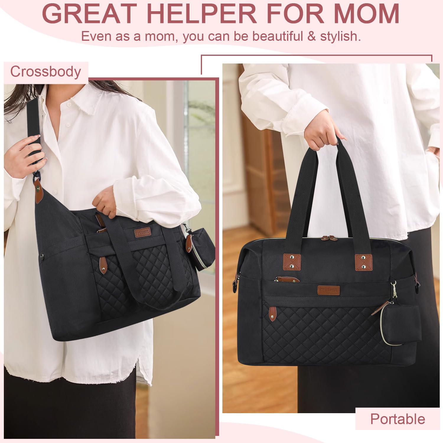 Pritent diaper bag tote pockets layout demonstrates organized interior for bottles, wipes, snacks.