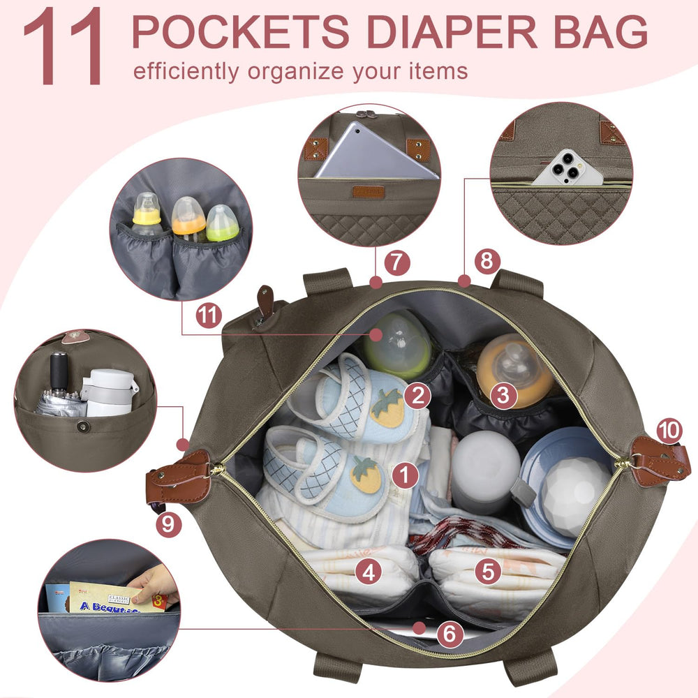 Pritent diaper bag tote with shoulder strap enables hands-free errands.