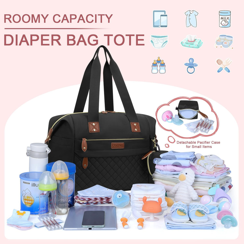 Pritent diaper bag tote shoulder strap demonstrates comfortable carry for long days on the go.