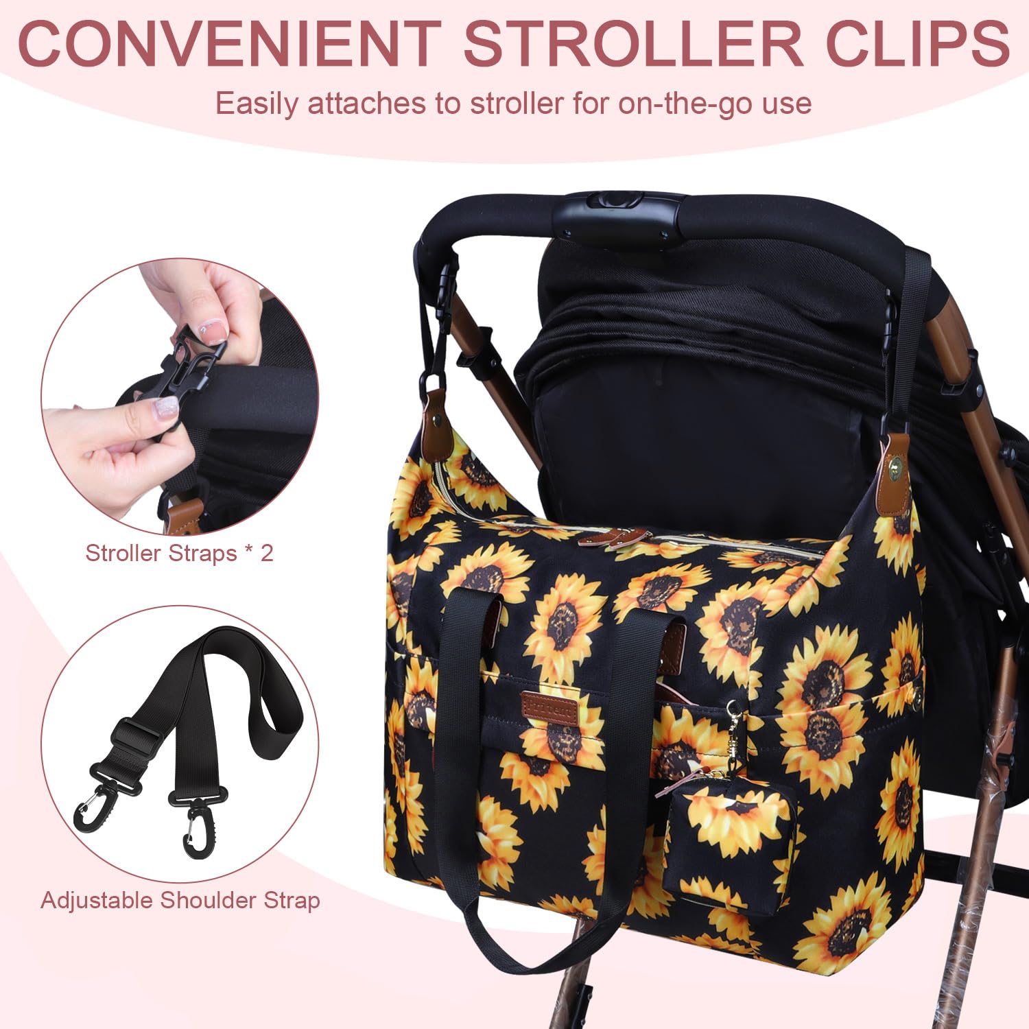 Pritent diaper bag tote stroller-clip feature keeps bag within reach while out