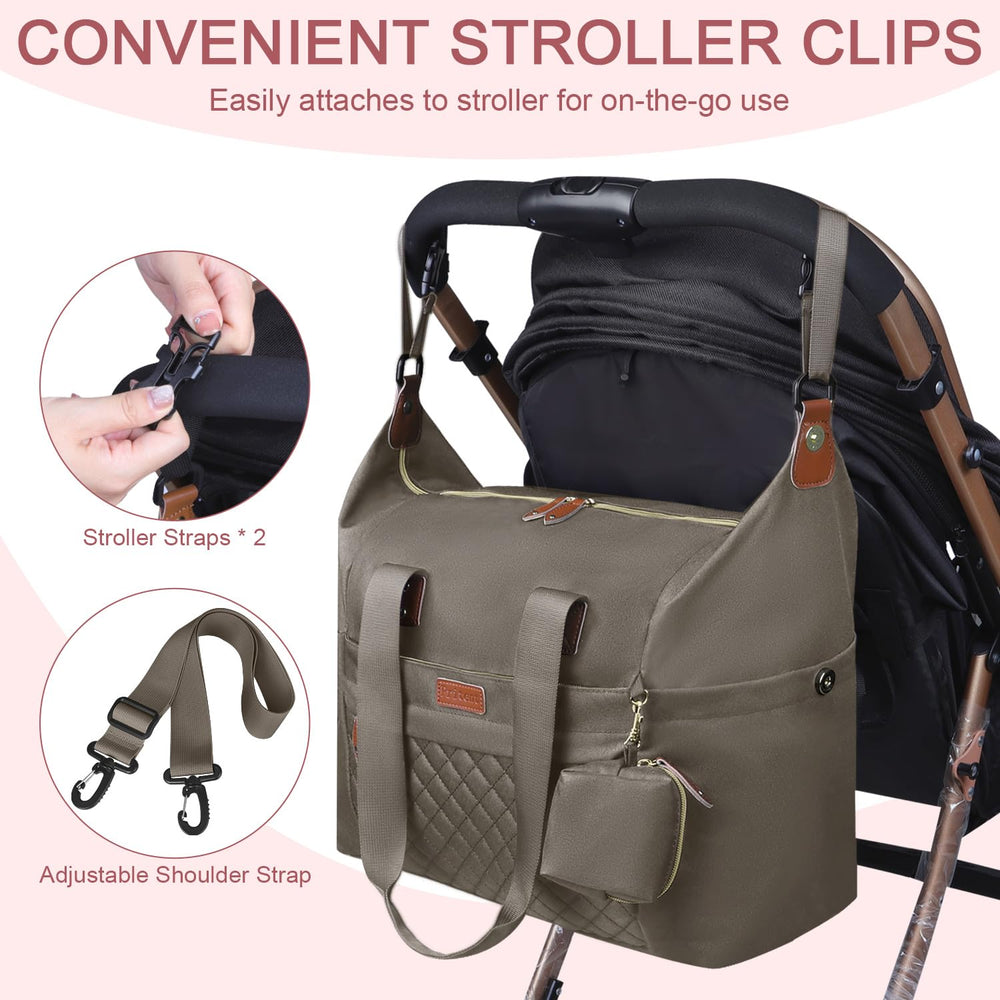 Pritent diaper bag tote with stroller clips secures during strolls.