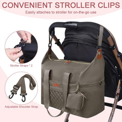 Pritent diaper bag tote with stroller clips secures during strolls.
