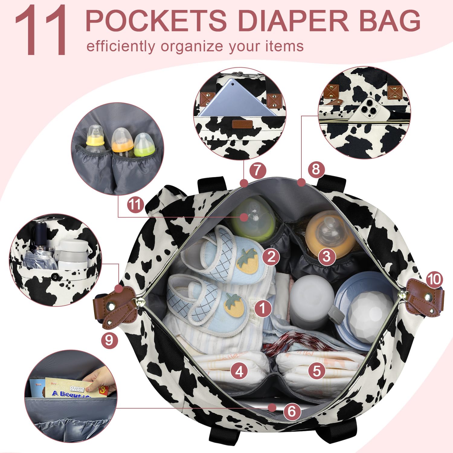Pritent diaper bag tote stroller clips secure the bag during stroller rides.