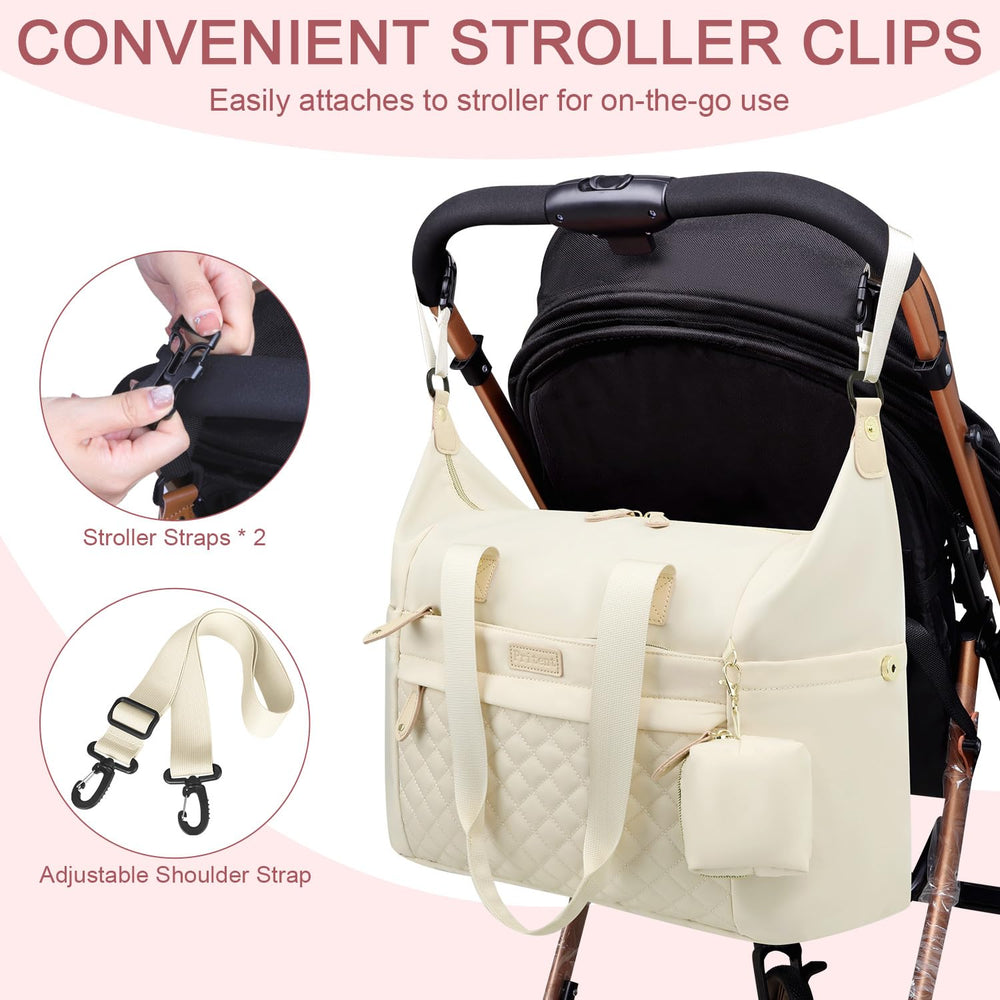 Pritent diaper bag tote with stroller clips for hands-free use on city or park outings