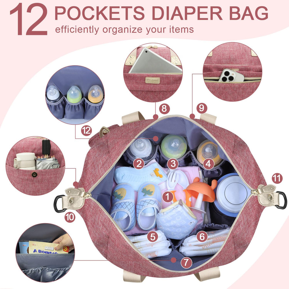 Pritent diaper bag tote waterproof fabric resists spills and cleans easily.