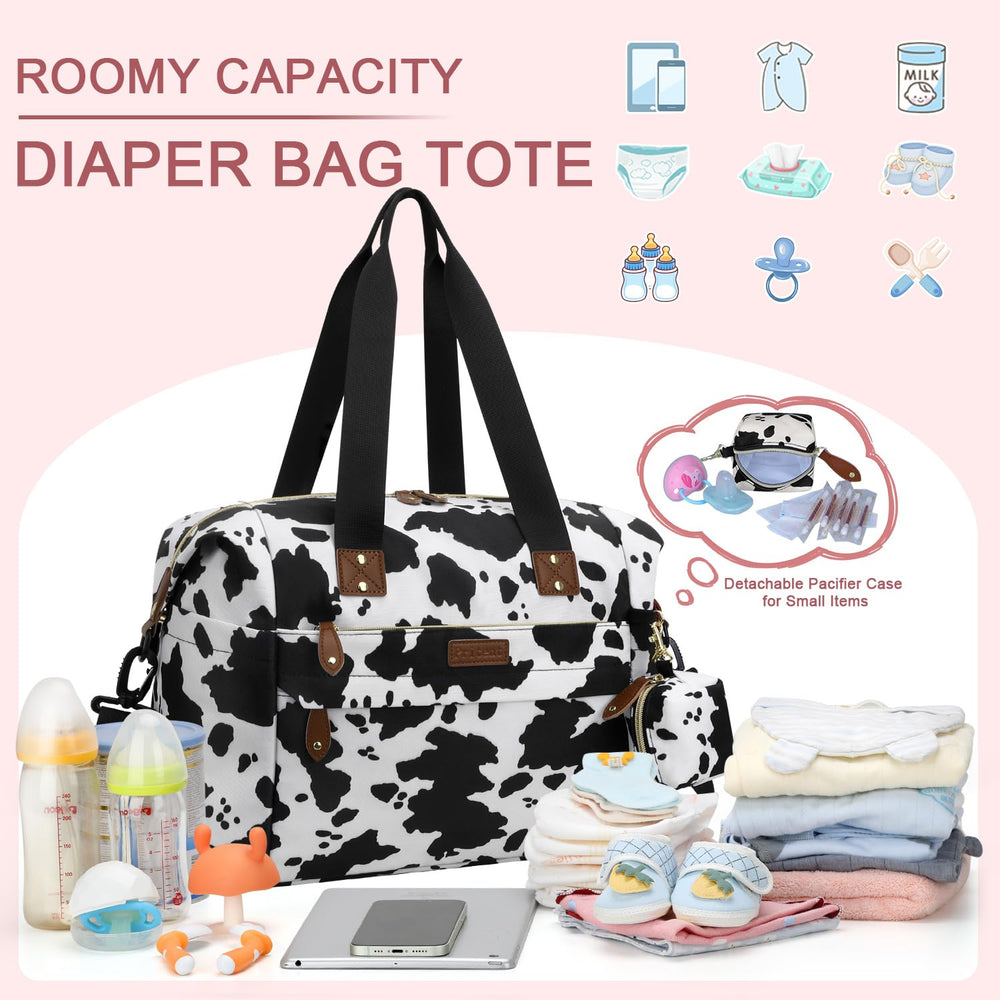 Pritent diaper bag tote wide-opening for easy item retrieval during quick swaps.