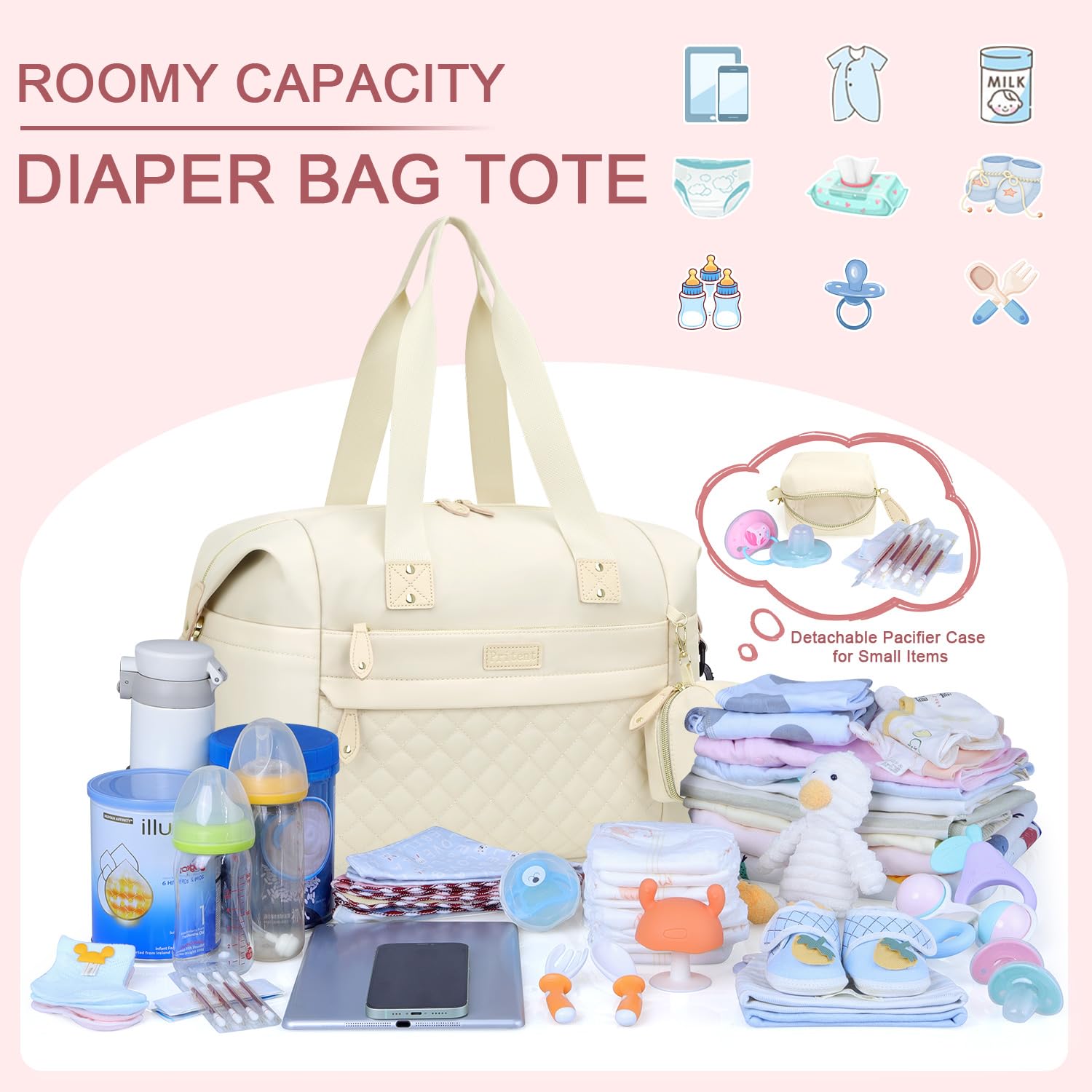 Pritent diaper bag tote open wide for easy access to bottles, wipes, and items for moms and dads