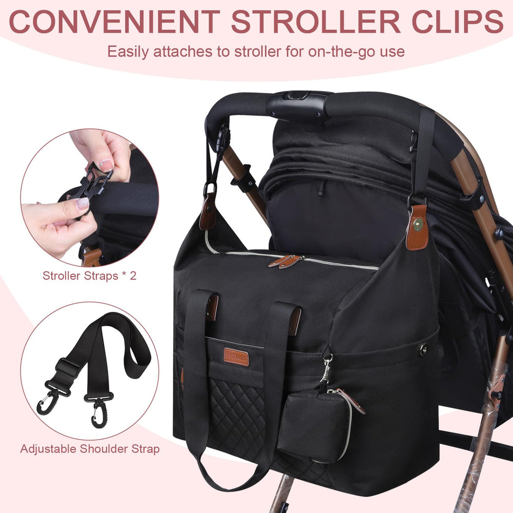Pritent diaper bag tote wide opening enables one-handed loading and quick item access.