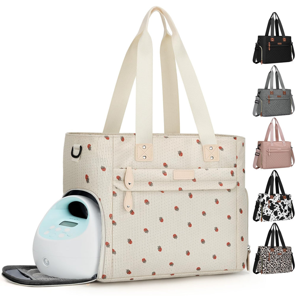 Pritent travel diaper bag tote in strawberry offers spacious organization for baby essentials and a laptop.