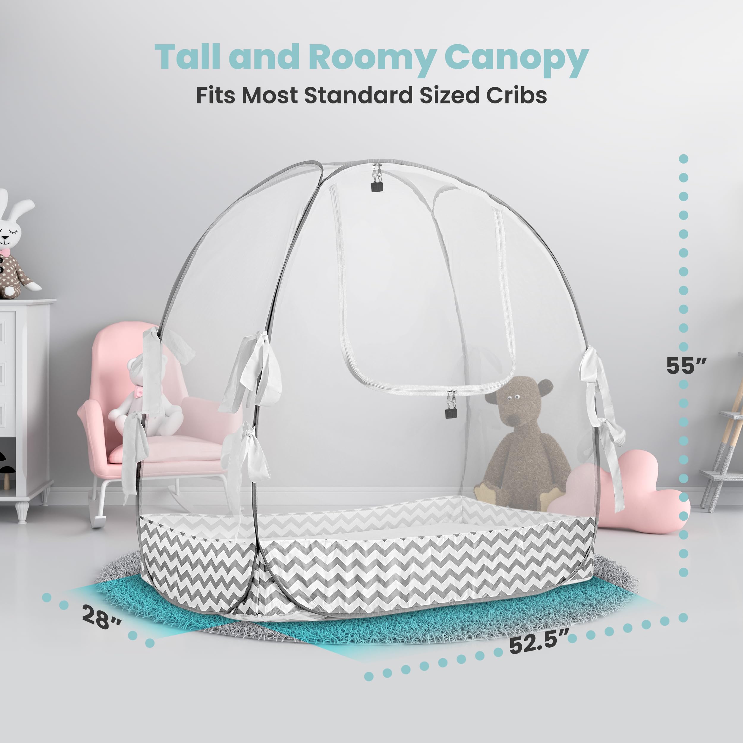 Pro Baby Safety crib net auto-lock zipper demonstrates double-locking security for restless sleepers.