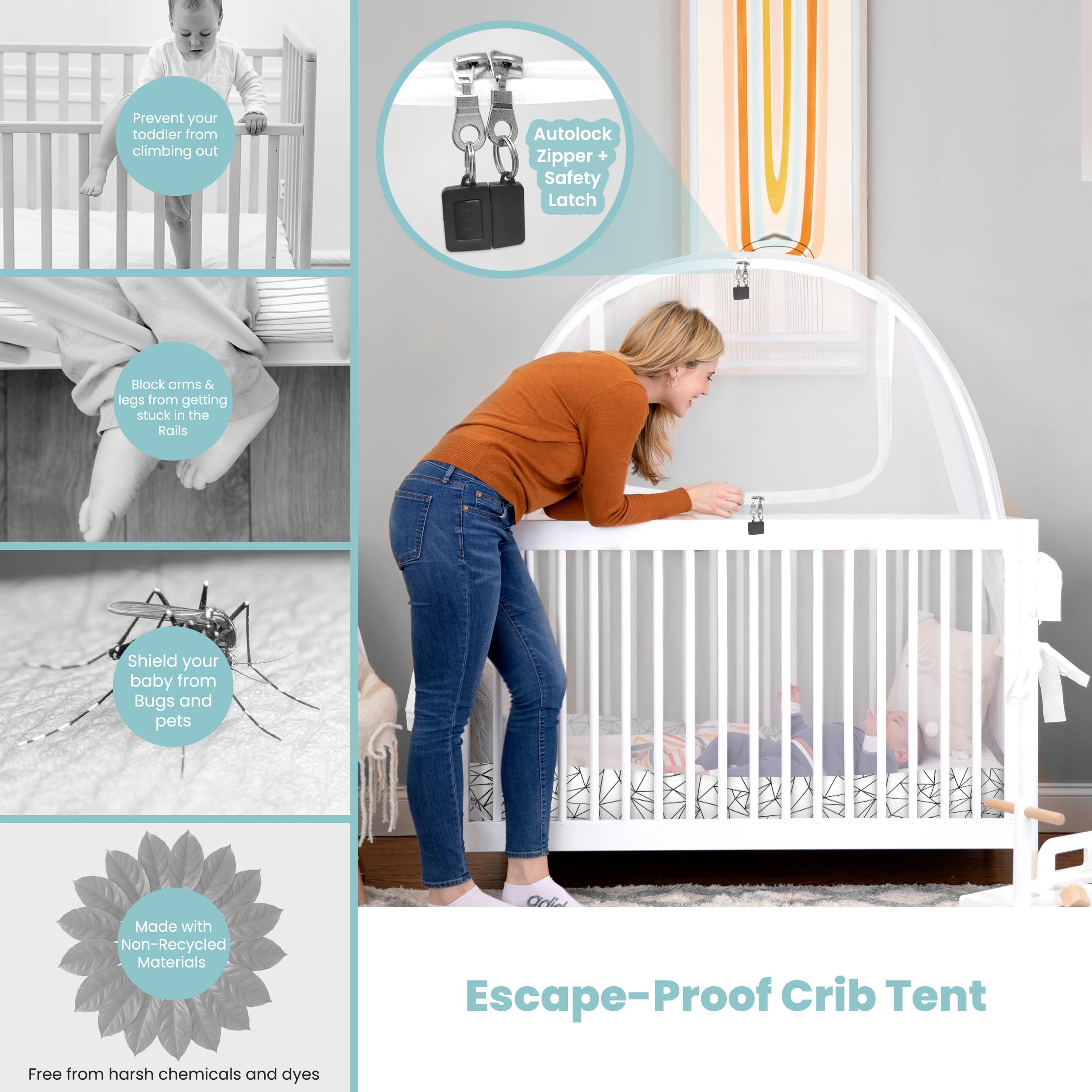 Pro Baby Safety crib tent auto-lock zipper ensures secure closure during naps.