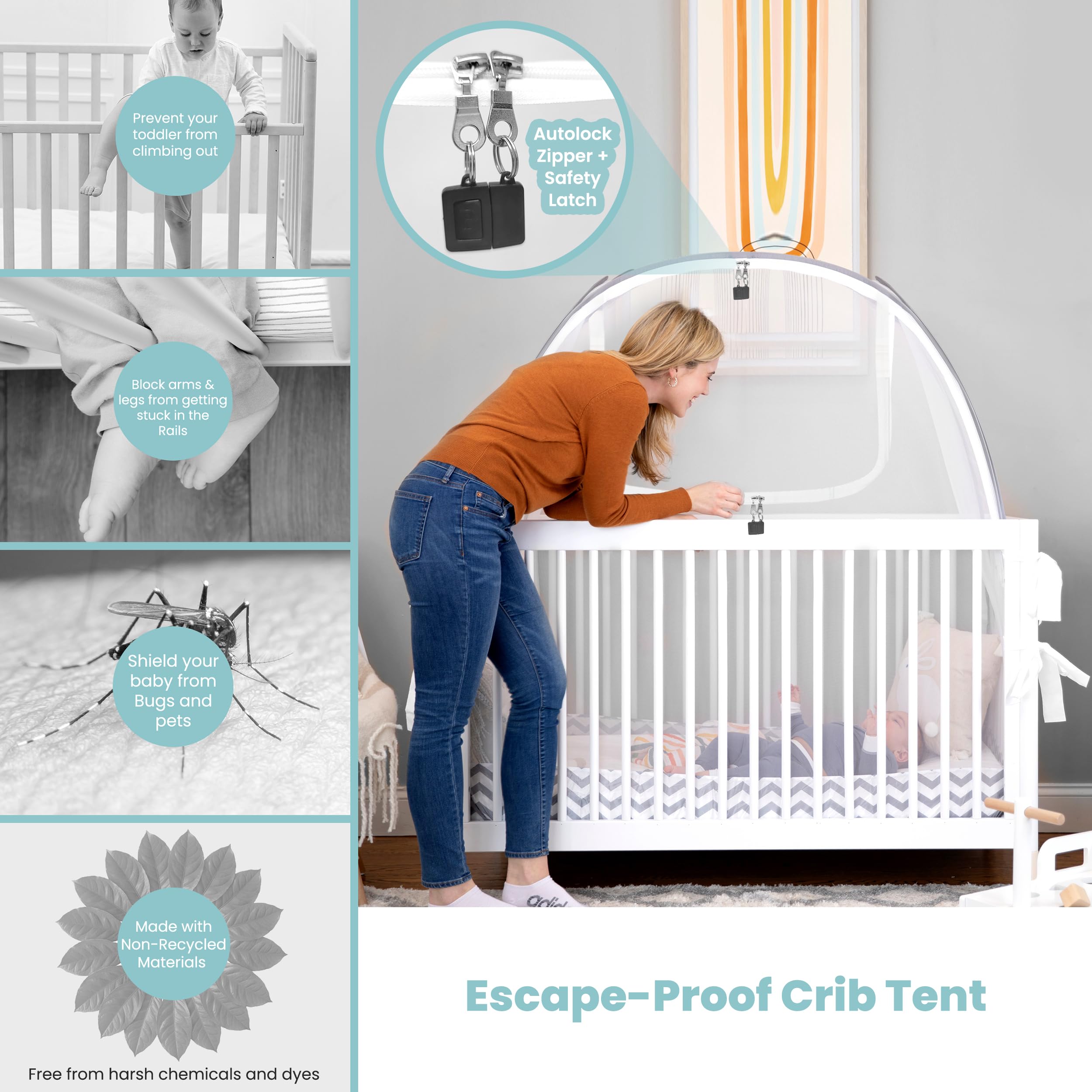 Pro Baby Safety crib tent closed view shows breathable mesh for visibility and airflow.