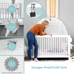 Pro Baby Safety crib tent closed view shows breathable mesh for visibility and airflow.
