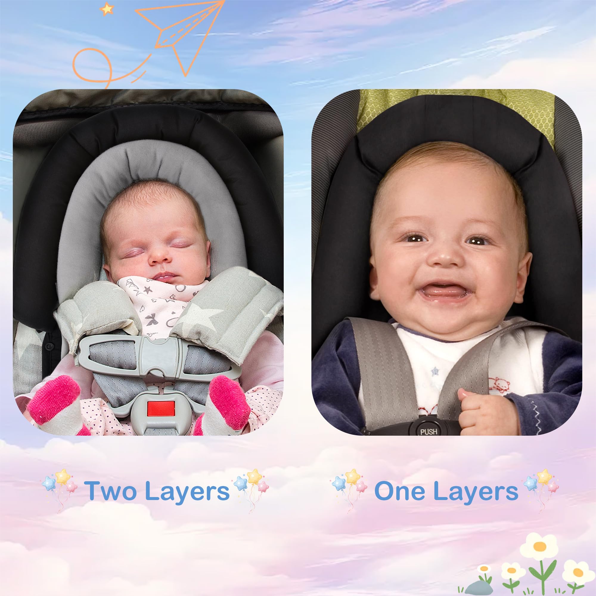 Pro Goleem 2-in-1 head support adapts with growing baby for longer use in car seats.