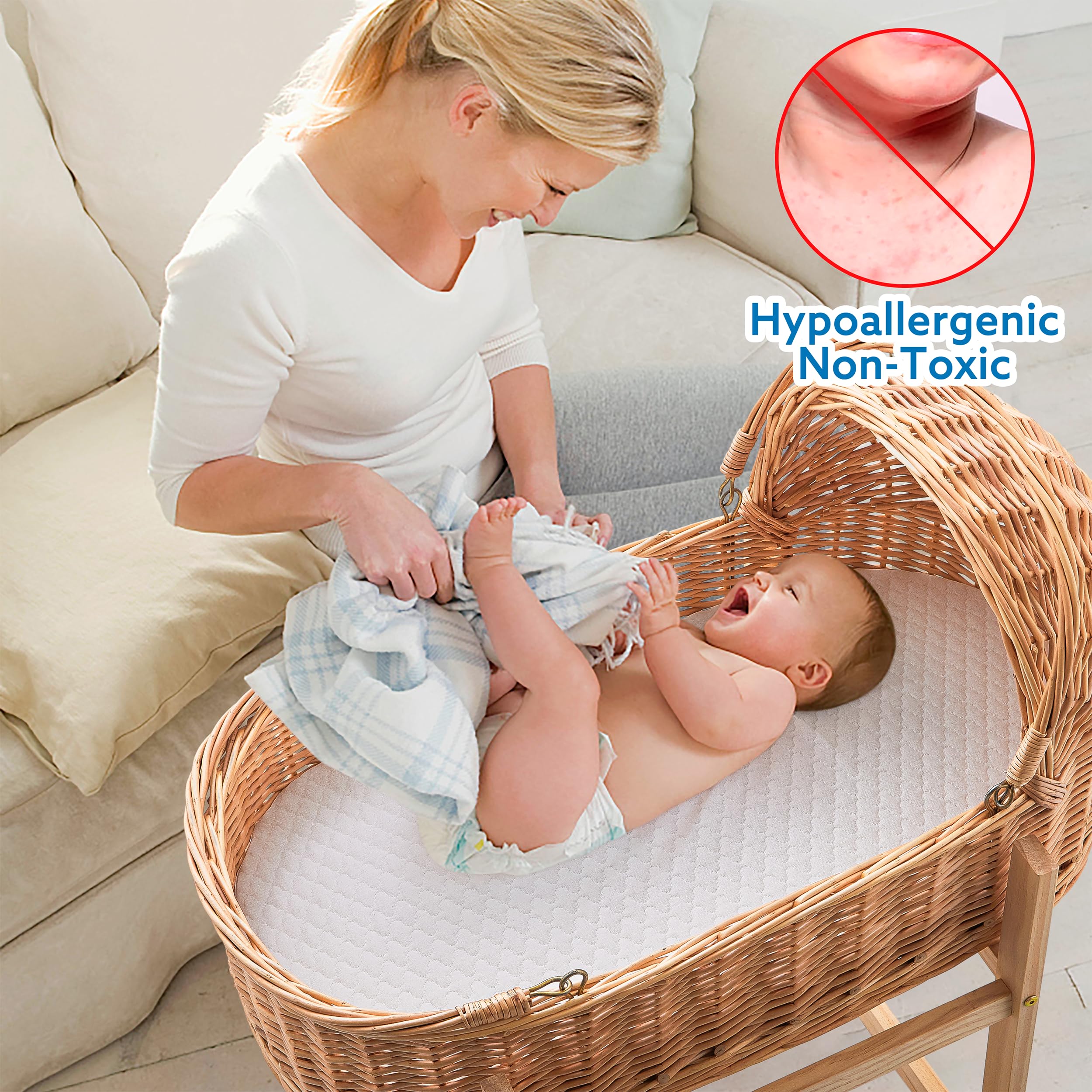 Pro Goleem bassinet pad demonstrates snug fit in standard 32x16 bassinets.