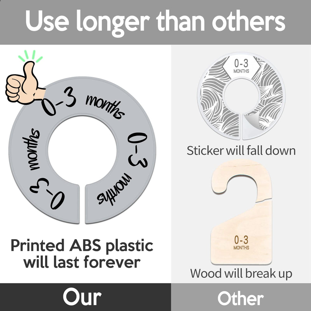 Pro Goleem baby closet dividers gray rod-fit illustration confirms compatibility with 1.5-inch rods
