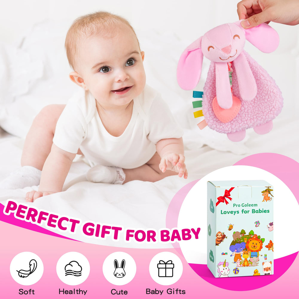 Pro Goleem Bunny Lovey teether highlights BPA-free silicone for teething comfort.