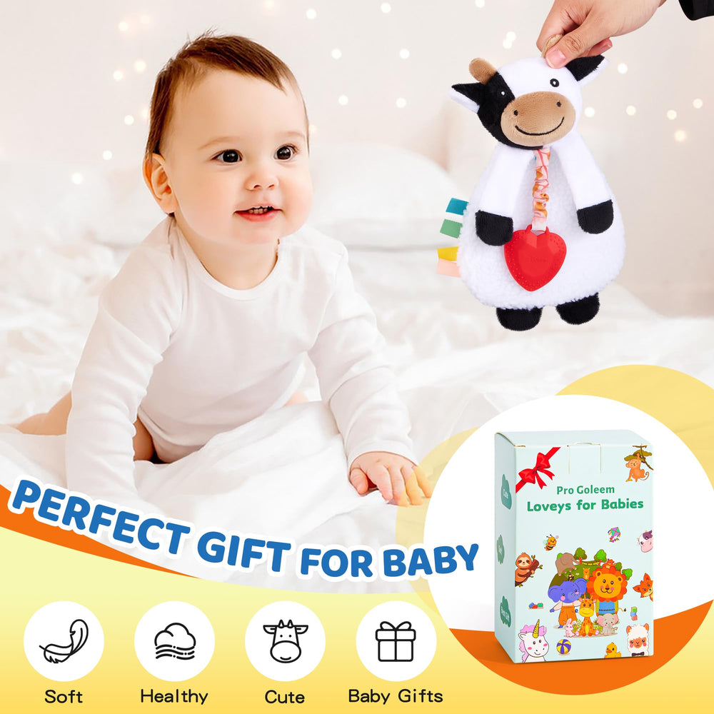 Pro Goleem Cow Lovey teether includes BPA-free silicone for soothing teething.
