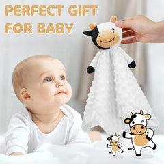 Pro Goleem Cow Security Blanket in crib scene demonstrates safe, compact newborn comfort.