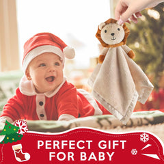 Pro Goleem Lion Security Blanket baby snuggle in crib scene.