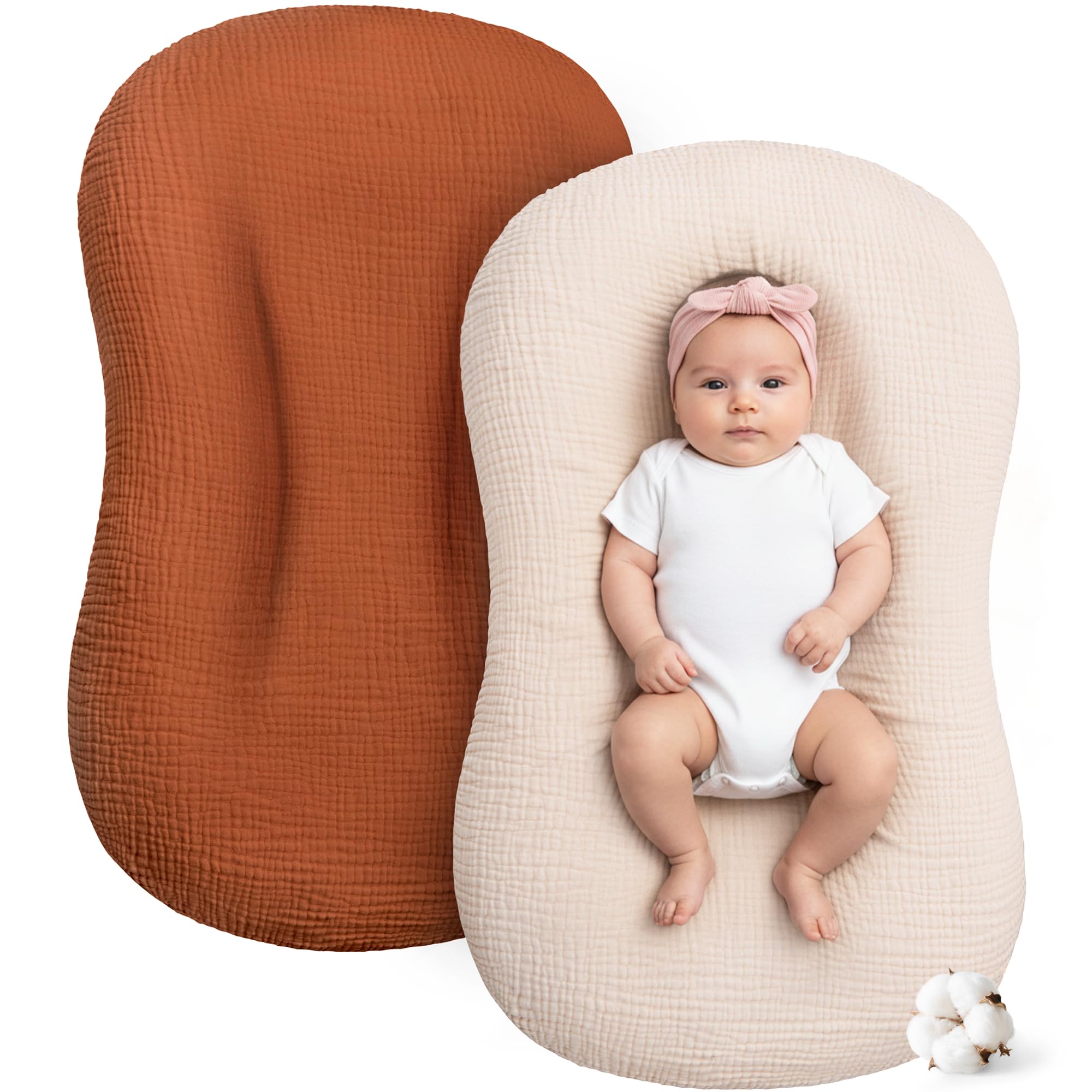 Pro Goleem muslin lounger cover brown closeup demonstrates breathable cotton for baby comfort