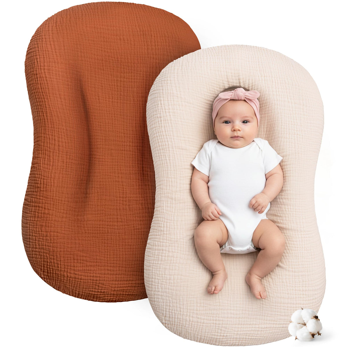 Pro Goleem muslin lounger cover brown closeup demonstrates breathable cotton for baby comfort