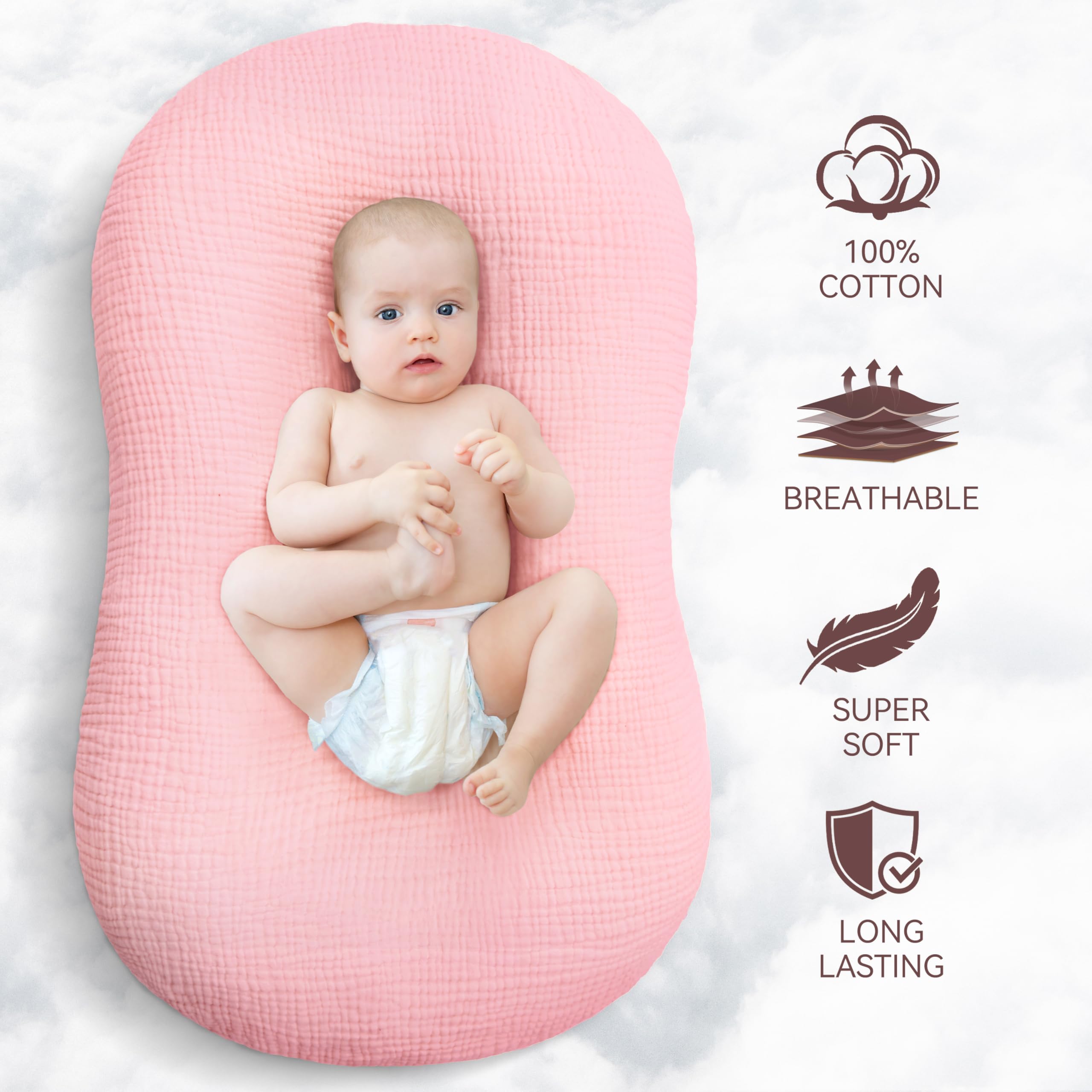 Pro Goleem muslin cover on lounger demonstrates quick-change convenience for busy parents.