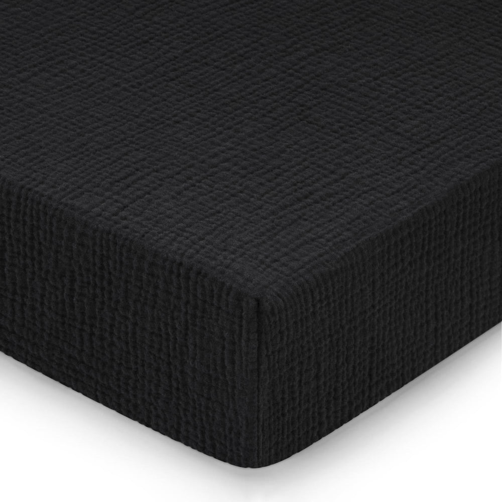 Pro Goleem black muslin crib sheets main shot—ultra-soft for baby's skin