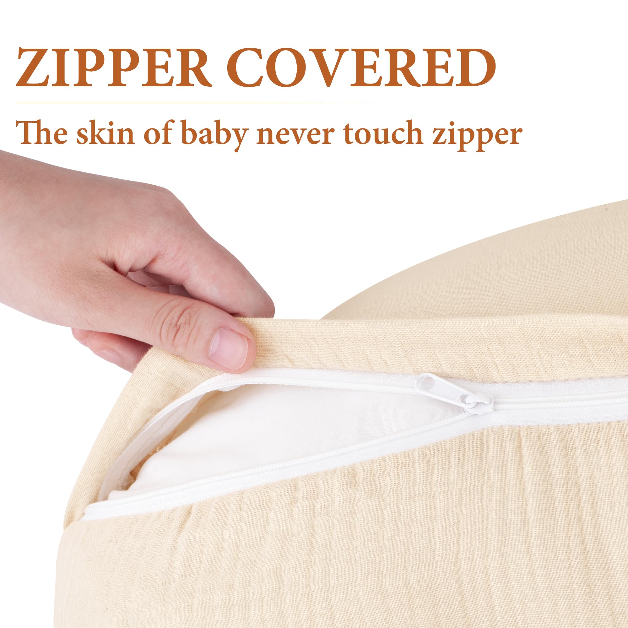 Pro Goleem muslin nursing cover safety zipper closeup illustrates zipper protection for baby