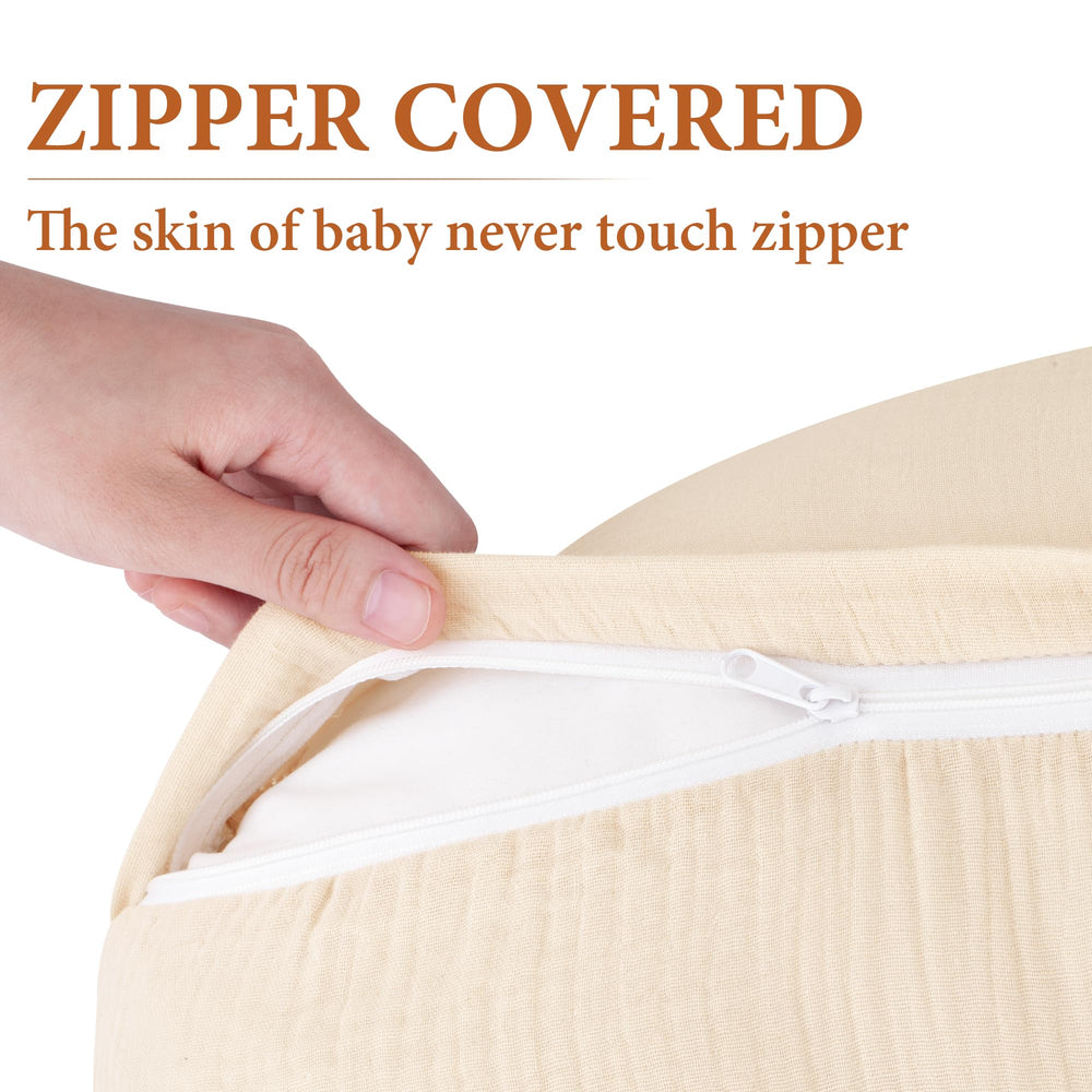 Pro Goleem muslin nursing cover safety zipper closeup illustrates zipper protection for baby