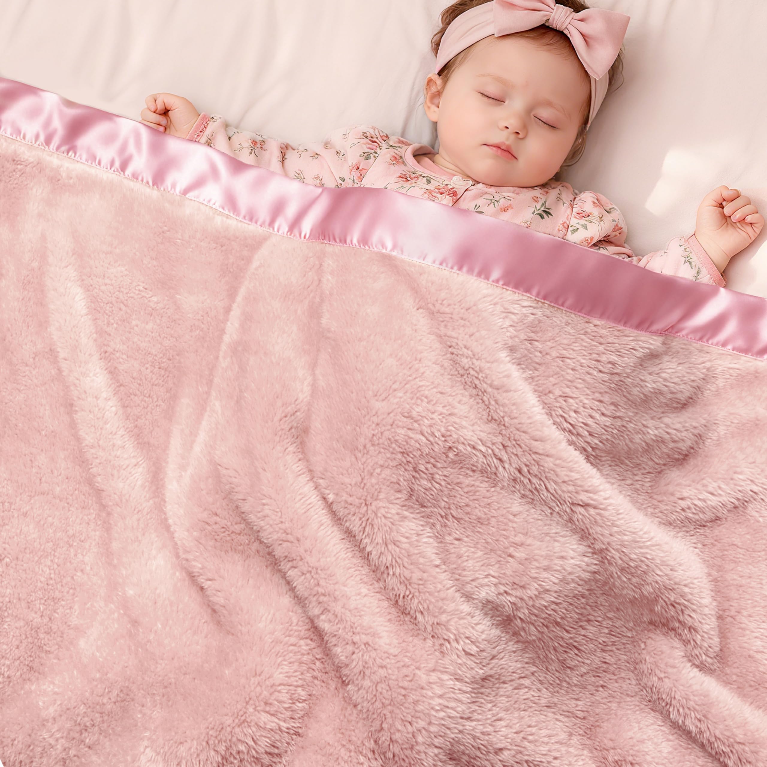 Pro Goleem pink satin-trim fleece baby blanket adds elegant warmth for cuddles.