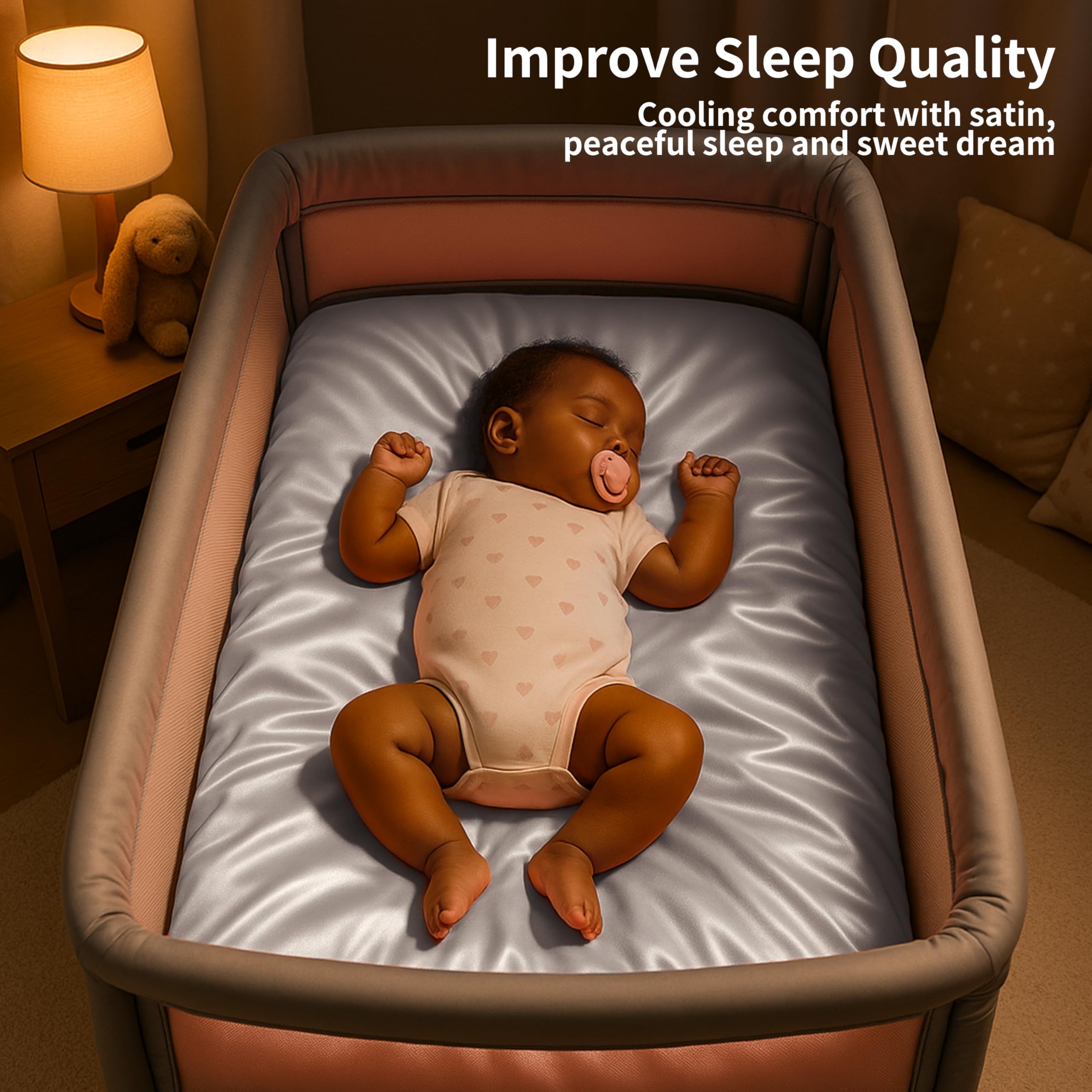 Pro Goleem satin bassinet sheet reduces friction for smoother hair and gentle skin.