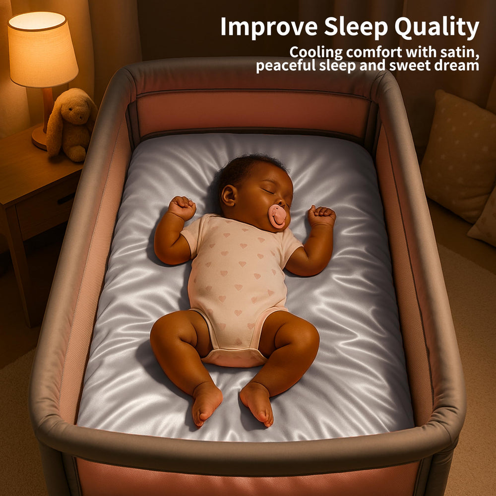 Pro Goleem satin bassinet sheet reduces friction for smoother hair and gentle skin.