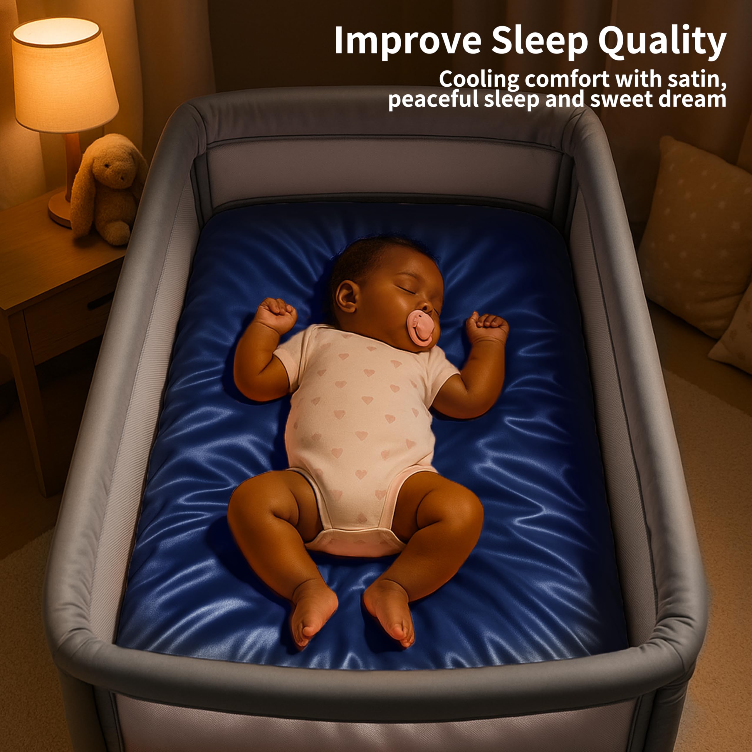 Pro Goleem satin bassinet sheet navy color on crib creates soothing sleep vibe