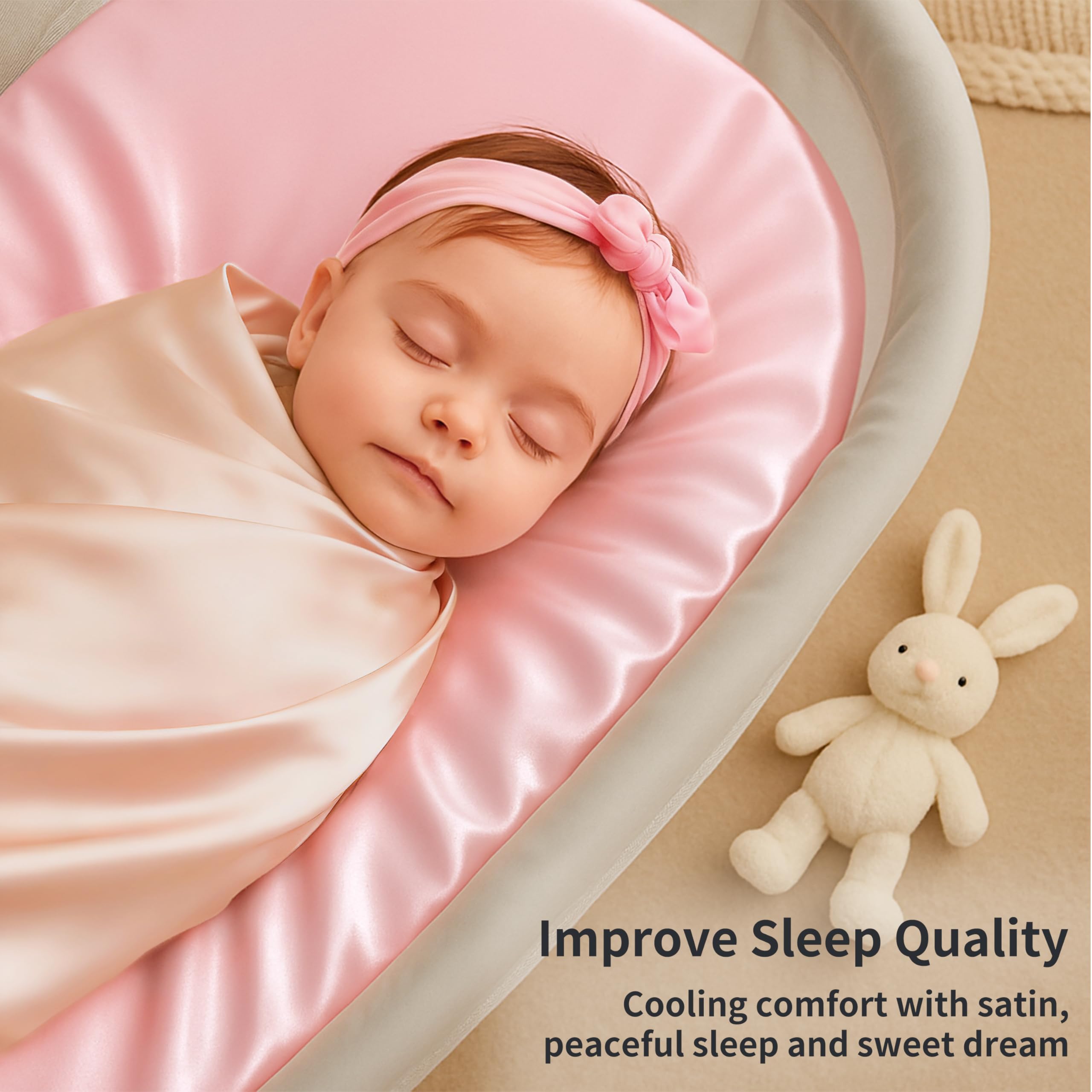 Pro Goleem satin bassinet sheet on oval cradle shows versatile compatibility.