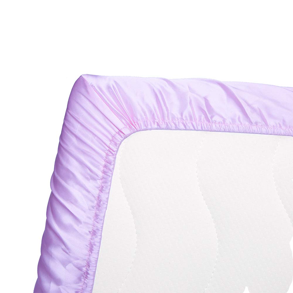 Pro Goleem lavender satin sheet used as mini-crib cover for travel.
