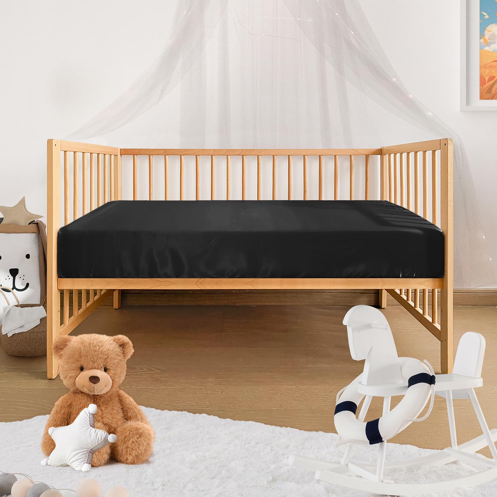 Pro Goleem satin-soft crib sheet black color closeup shows unisex look