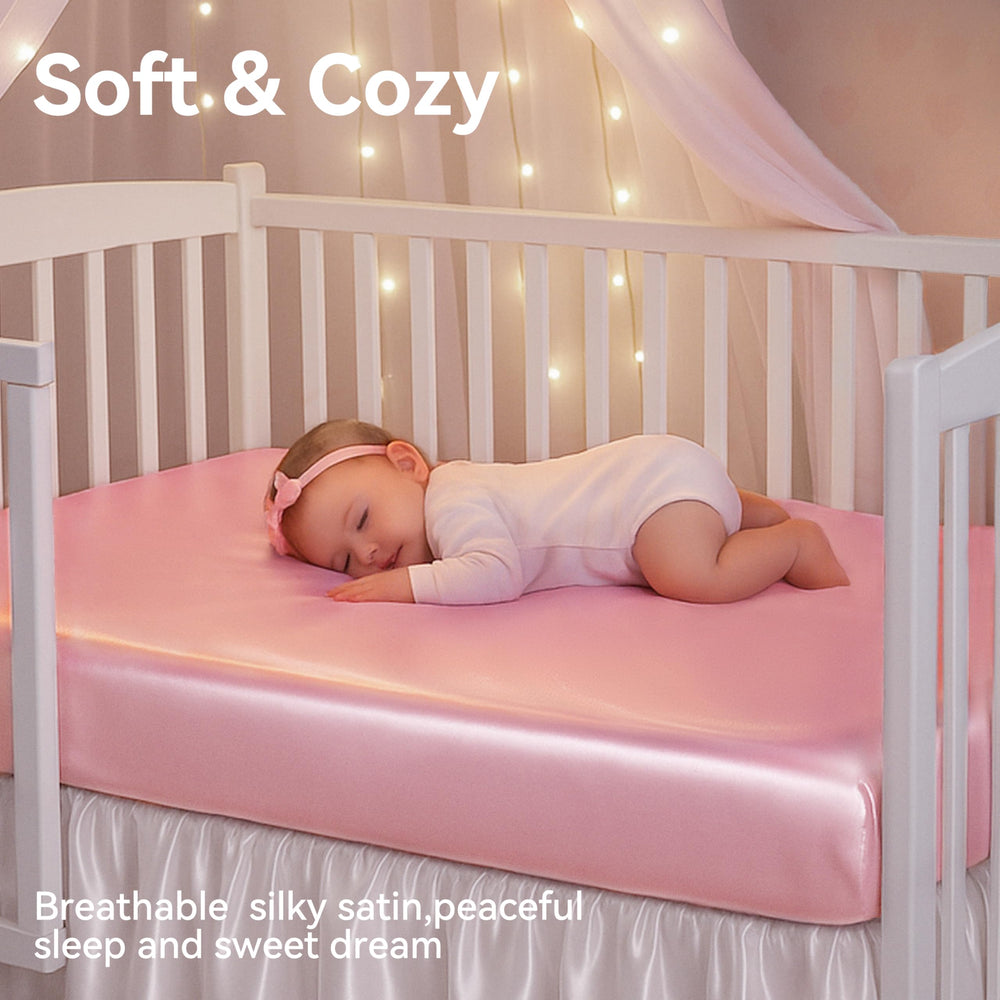 Pro Goleem Satin Soft Crib Sheet soft-satin texture highlights gentle touch.