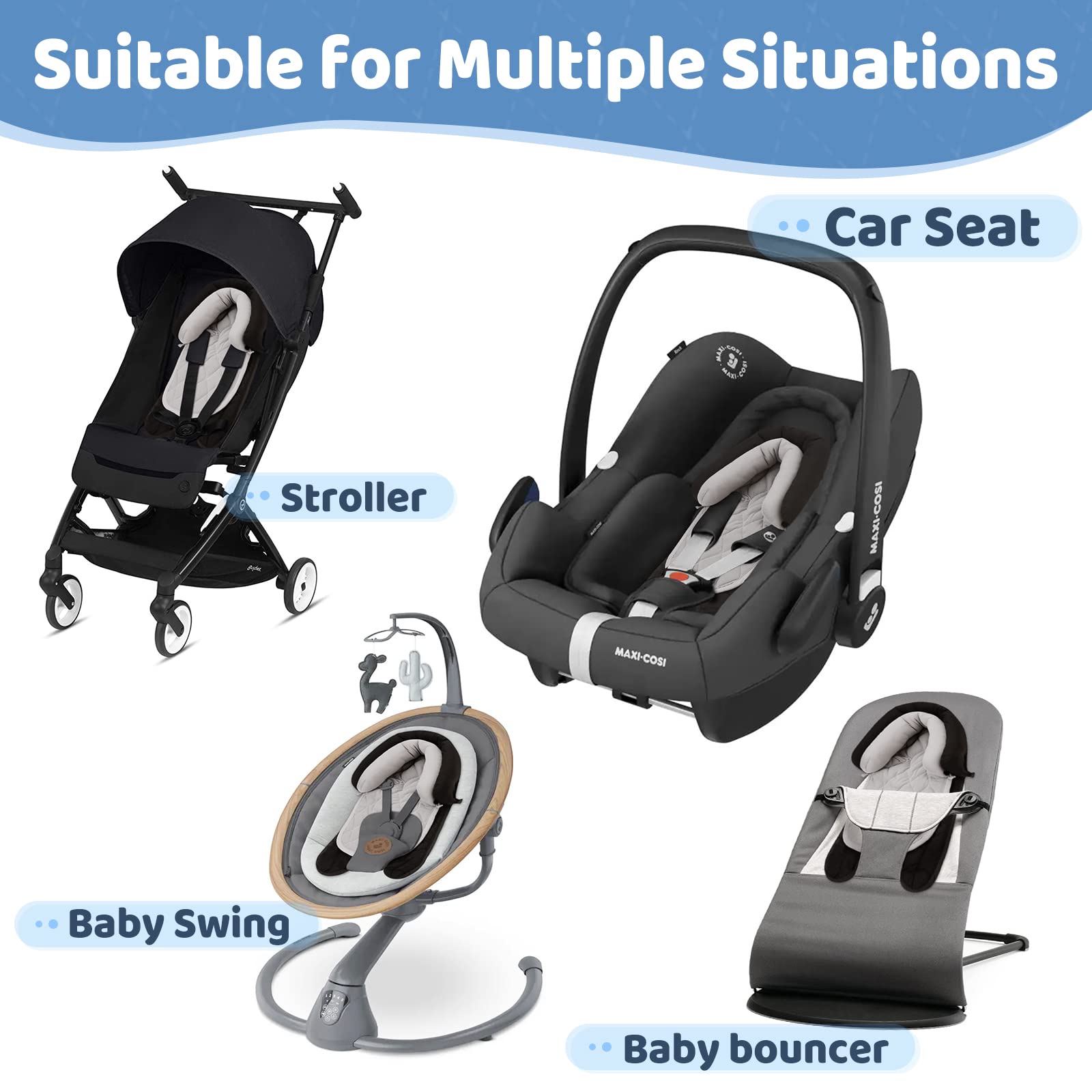 Pro Goleem head support suitable for stroller use keeps baby's head steady while strolling.