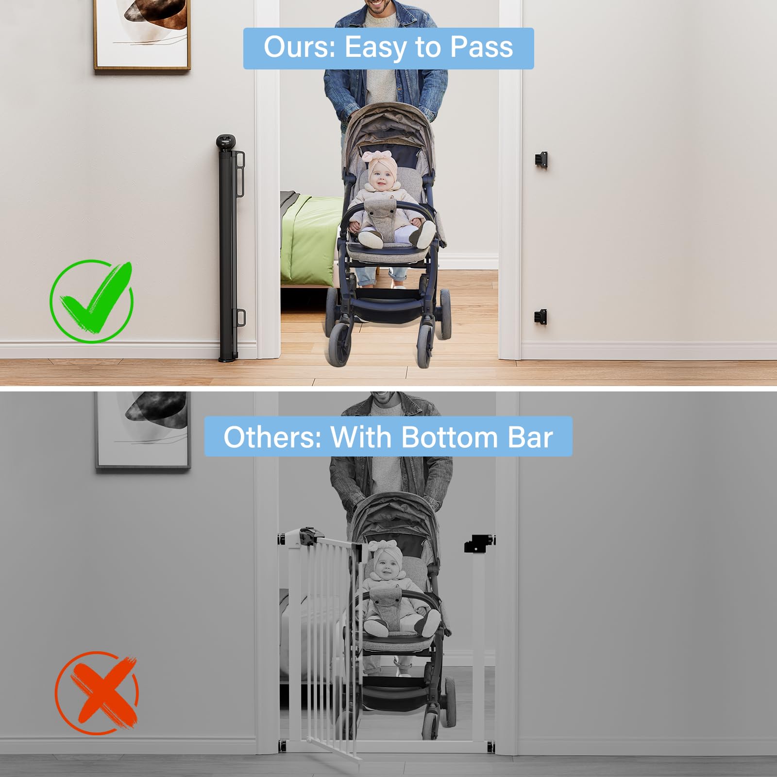 PRObebi gate bracket adjustable for baseboards prevents wall damage.